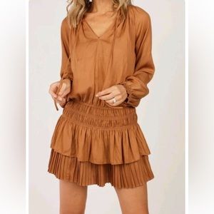 Anthropologie Mustard Seed Mocha Drop Waist Smocked Tiered Ruffle Mini Dress M